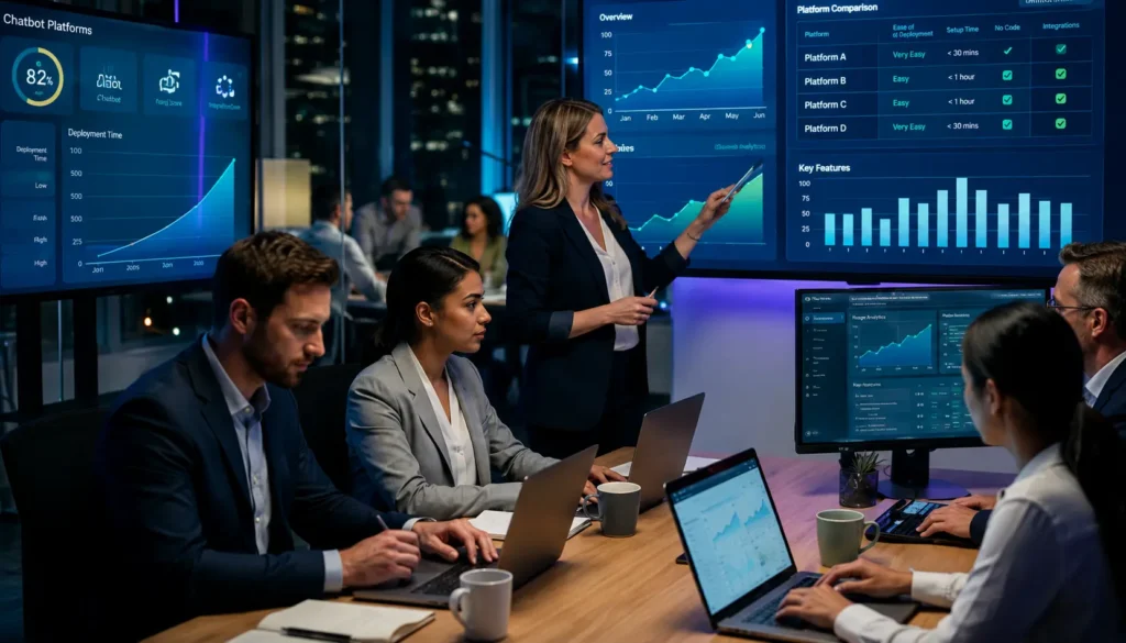 Business team comparing chatbot platforms using dashboards and analytics during a meeting.