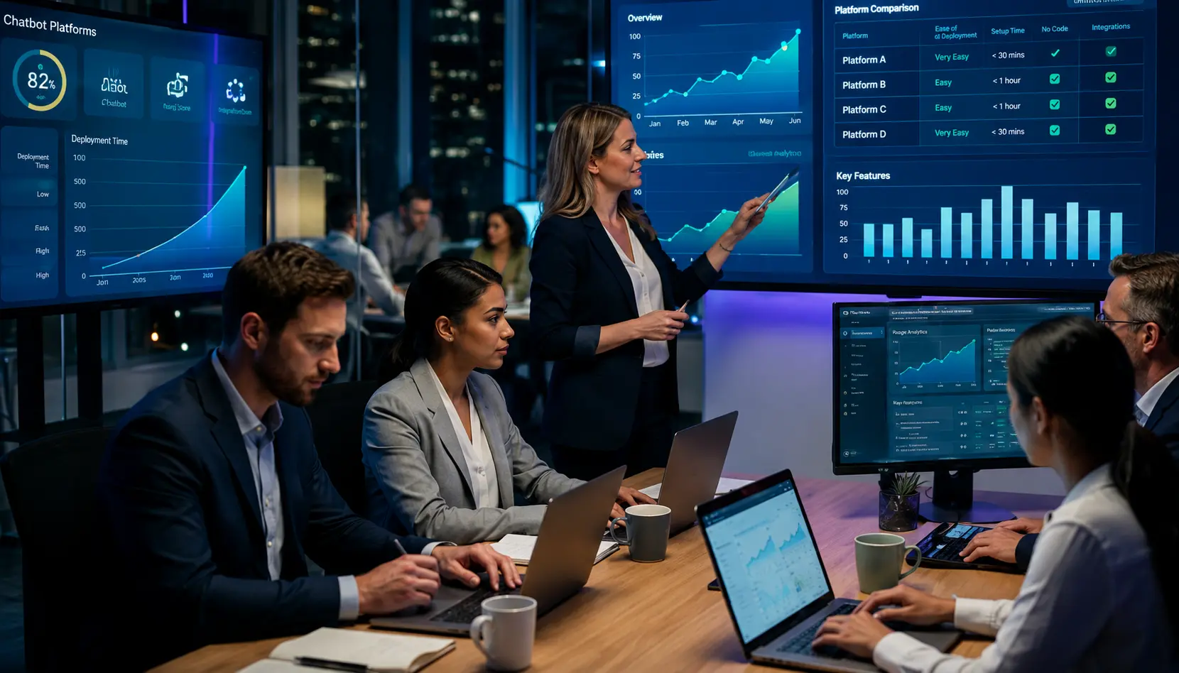 Business team comparing chatbot platforms using dashboards and analytics during a meeting.
