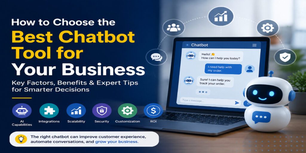 How to choose the best chatbot tool for business showing AI chatbot interface, automation features, and business growth concepts
