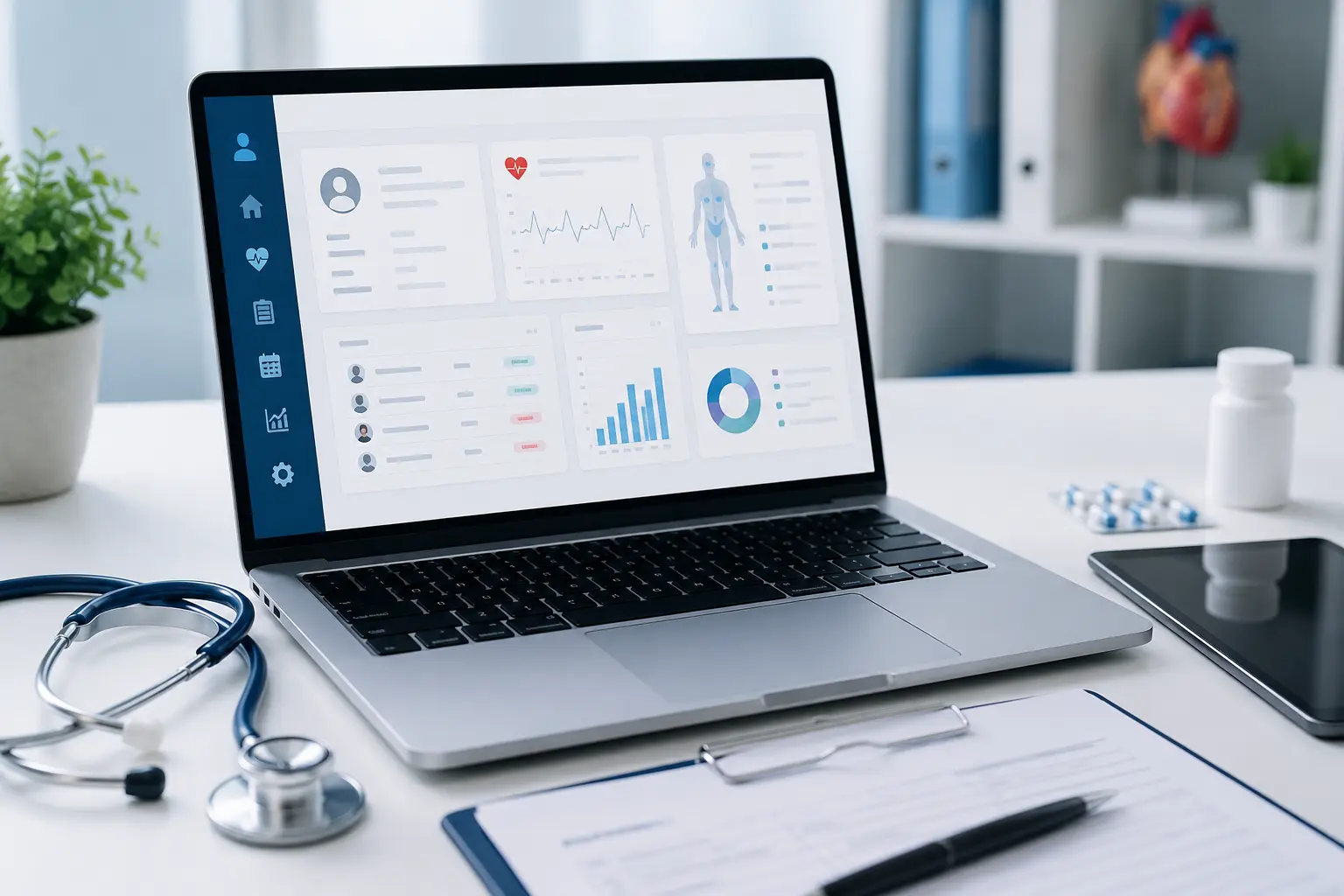 Healthcare software dashboard displayed on a laptop in a modern medical office with digital patient management interface