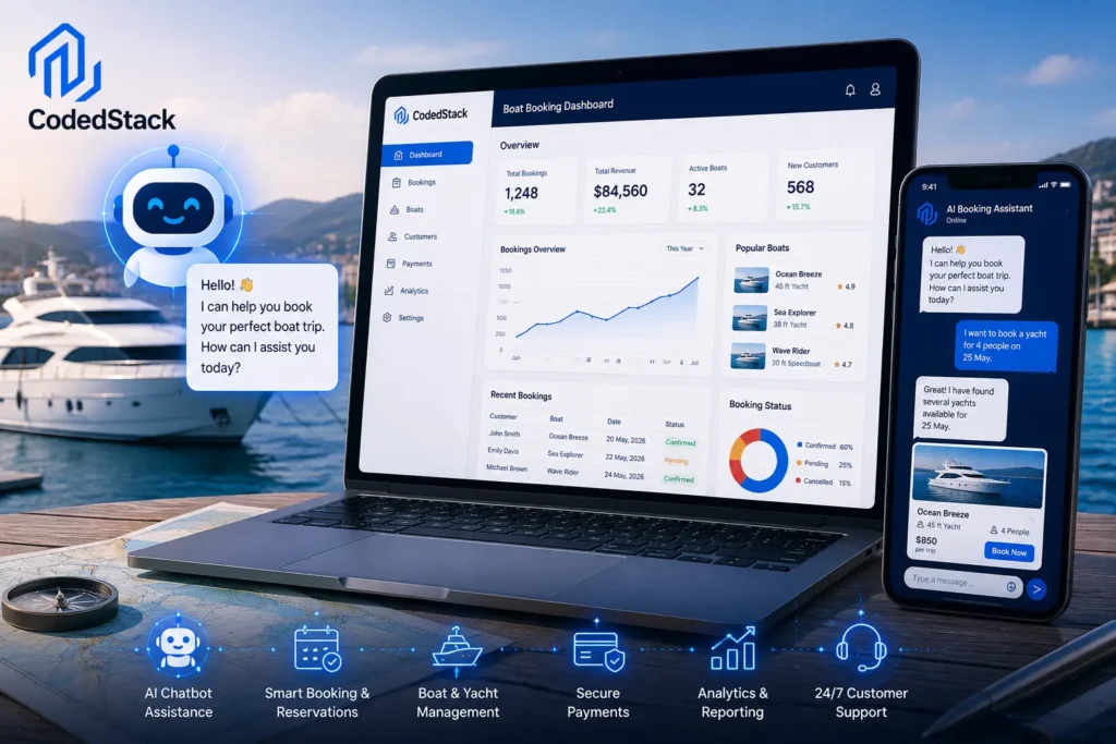 AI Chatbot Development Services for boat booking with a modern booking dashboard, chatbot interface, and digital reservation system for boat rental businesses.