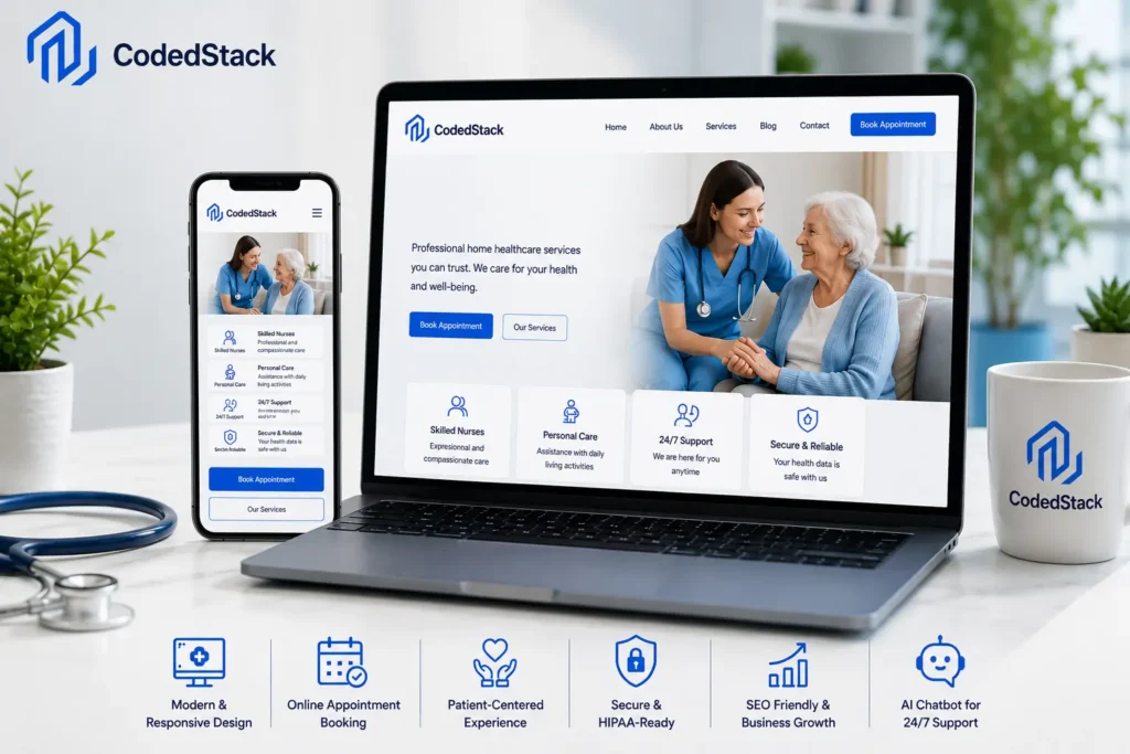 A modern home healthcare website displayed on a laptop and smartphone, featuring online appointment booking, patient care services, secure healthcare technology, and responsive web design with Coded Stack branding.