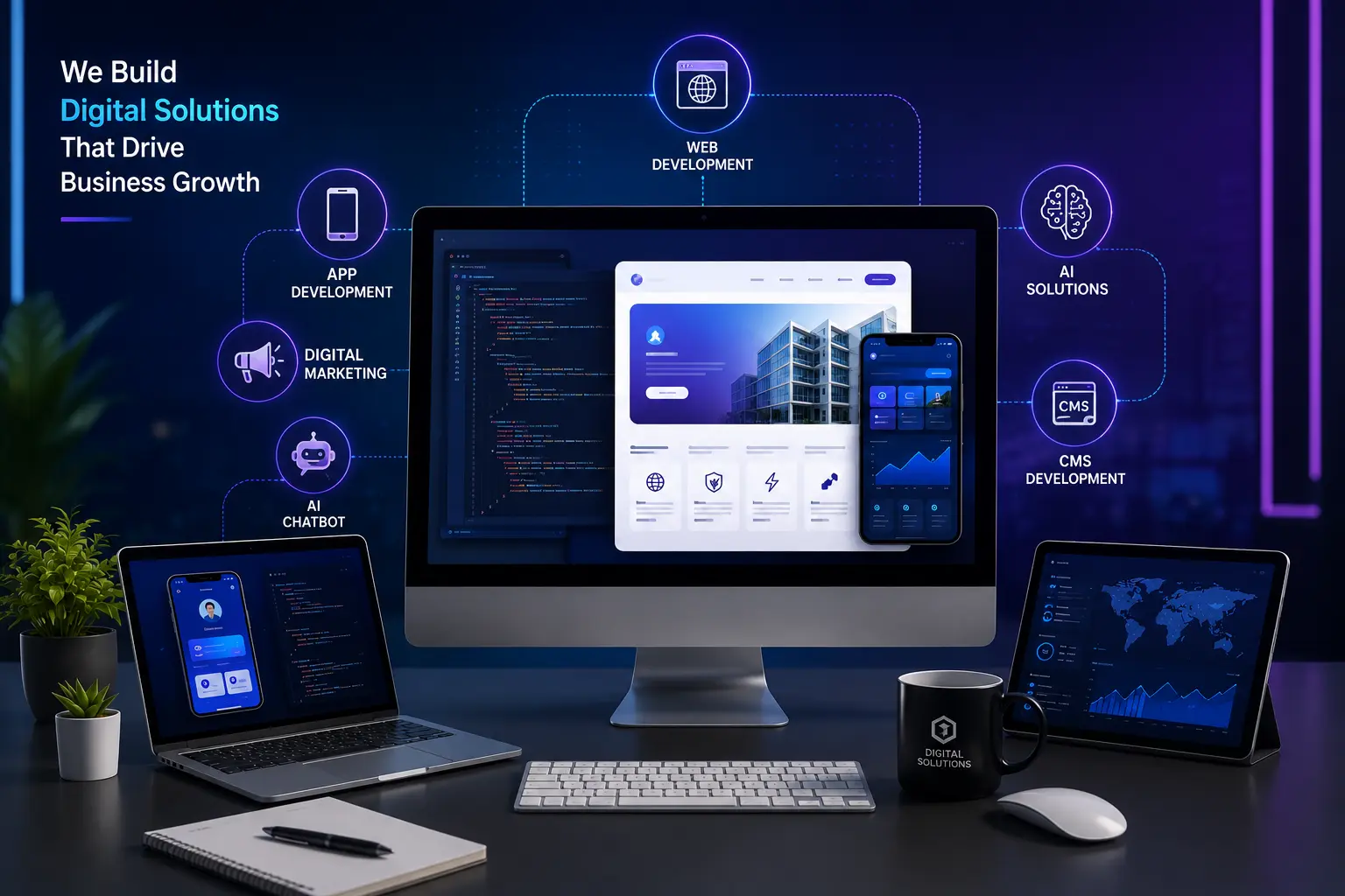 Professional digital agency workspace showcasing web development, mobile app development, AI chatbot, AI solutions, CMS development, and digital marketing services.