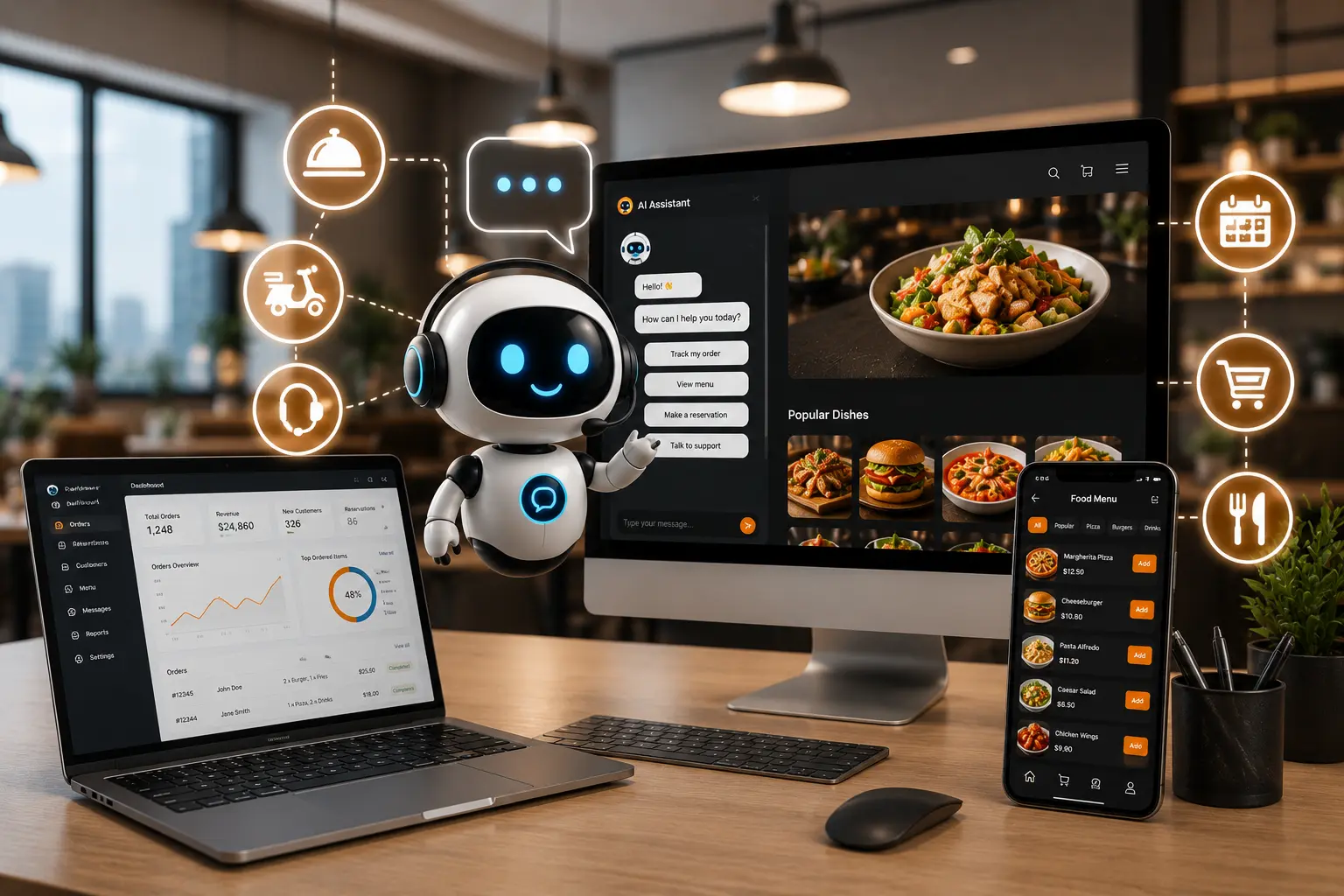 AI chatbot dashboard for restaurants displayed on a desktop and laptop with a restaurant management interface
