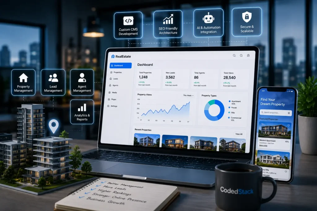 Modern custom real estate CMS dashboard displayed on a laptop with a mobile property app, showcasing property management, lead tracking, analytics, and AI-powered real estate automation.