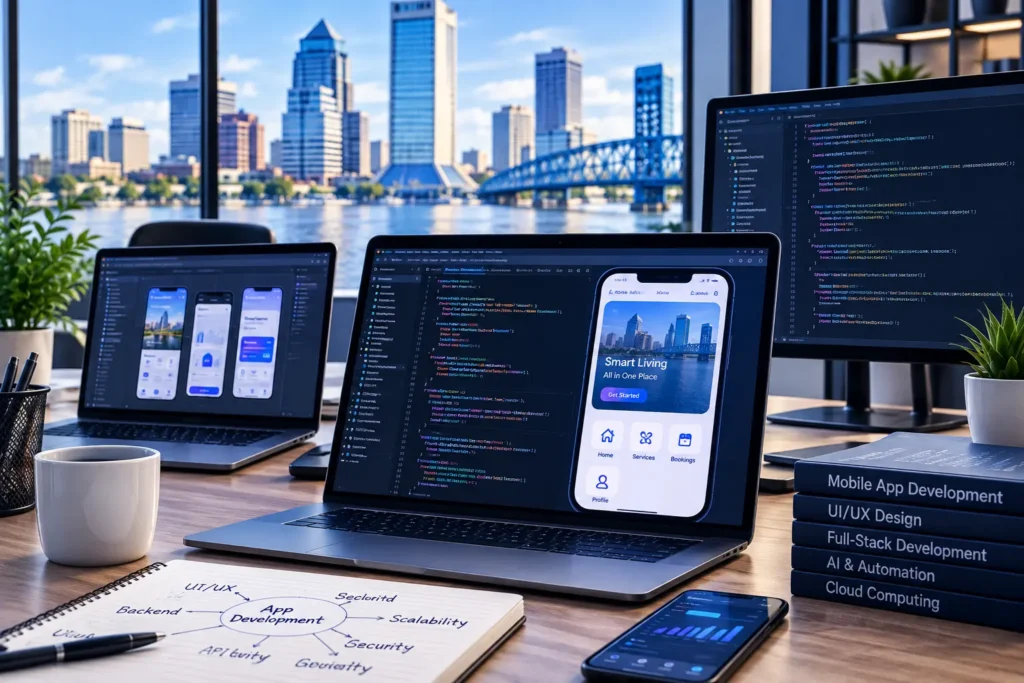 App development workspace with laptops showing coding and mobile app designs
